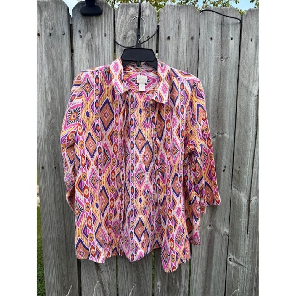 Boho Ikat Geometric Chicos Linen Button Up Shirt 2 Pink Purple Diamond Print